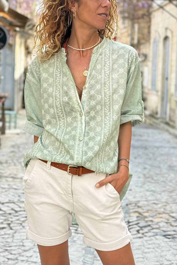 Italian Khaki Hakim Collar Ethnic Patterned Washed Cotton Loose Woven Shirt 75 55