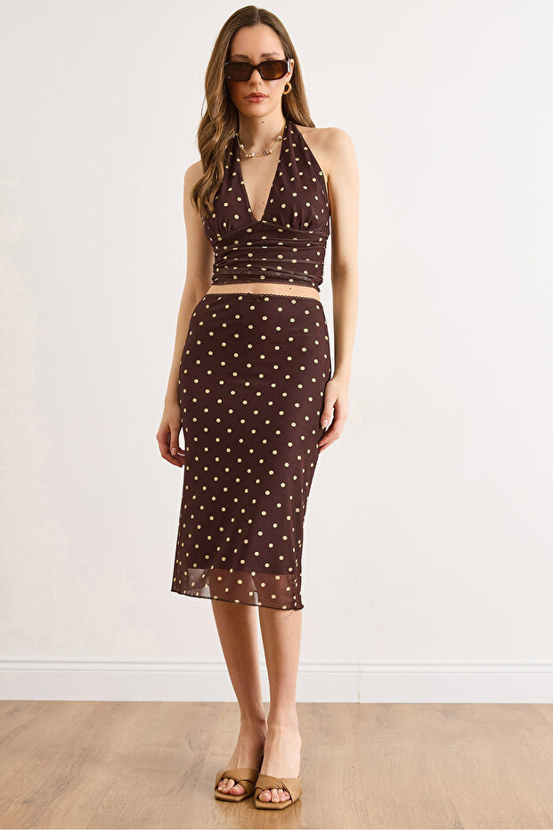 Women's Brown Lined Polka Dot Tulle Skirt Etk-19000427
