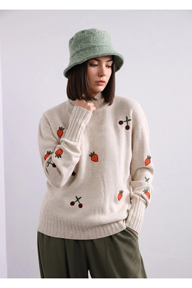 Half-Collar Strawberry Embroidered Knit Sweater