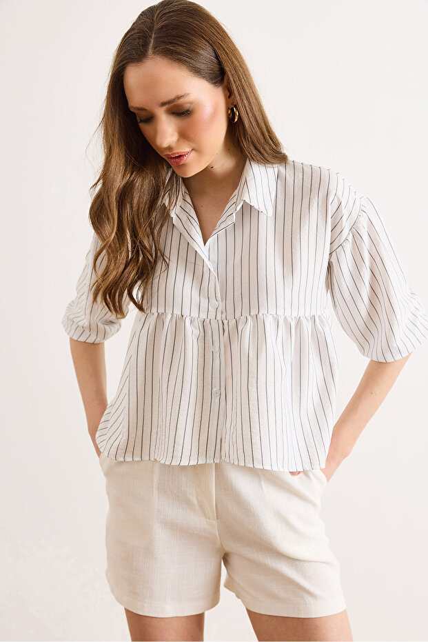 Women's White Striped Balloon Sleeve Ayrobin Shirt Gml-19001445