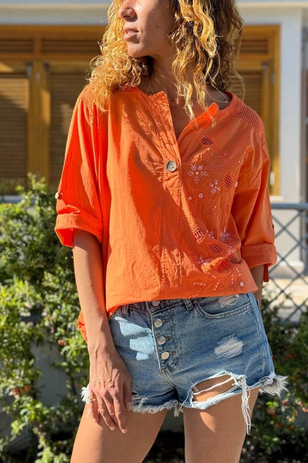 Italian Orange Buttoned Collar Washed Shoulder Mesh Sequin Appliqué Loose Woven Blouse 70 55