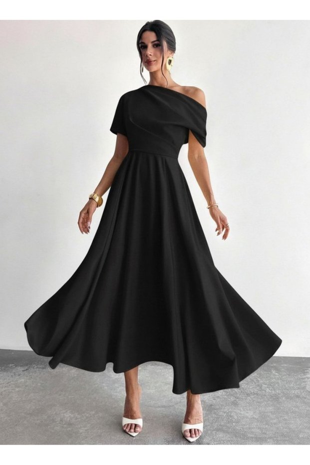The Powerful Force of Elegance! - Women's One-Shoulder Short Sleeve Pleated Detailed Long Janjan Crepe Dress