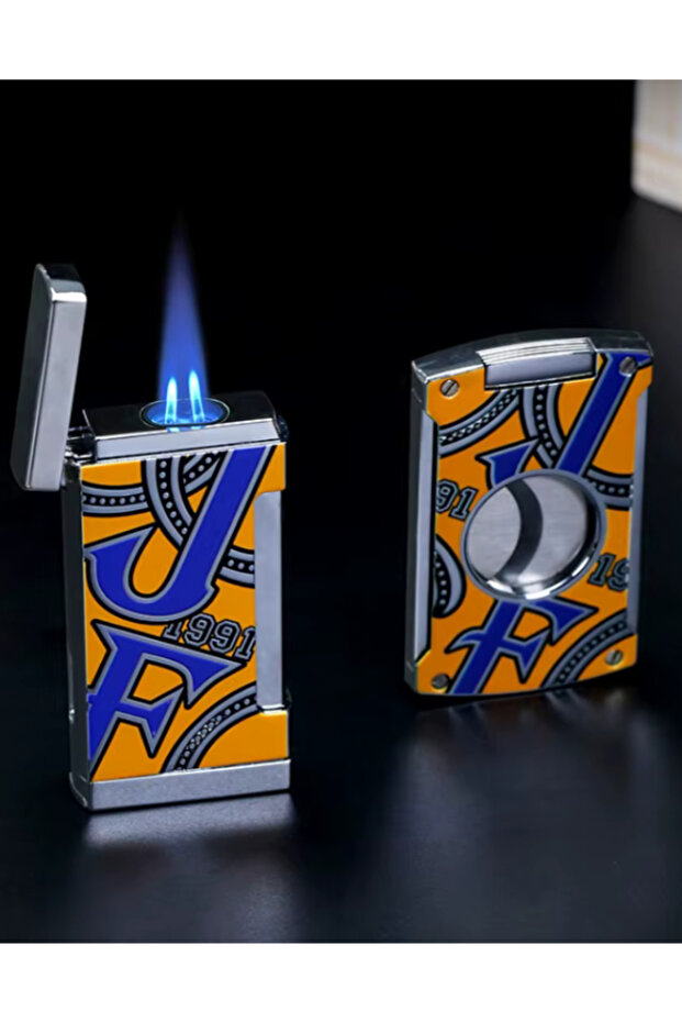 Blue - Portable Stainless Steel Two-Piece Cigar Set with Double Flame Direct Windproof Cigar Lighter and Sharp Blade Cutter