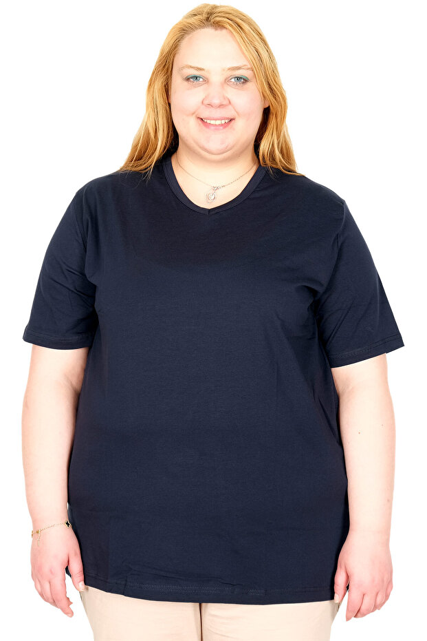 Real Plus Size Women's T-Shirt Lycra V-Neck 20150 Dark Blue