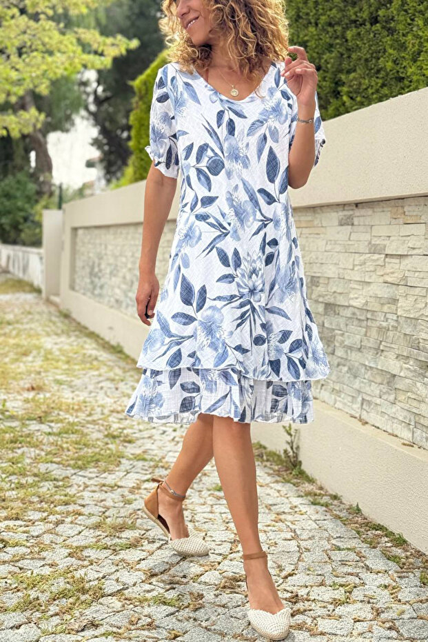 Italian White Boat Neck Ethnic Patterned Washed Skirt Double Layer Cotton Woven Dress 100 45