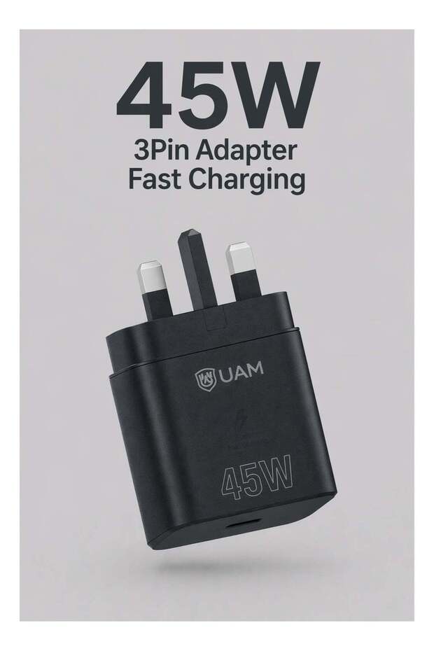 محول شحن سريع UAM بقوة 45 واط وثلاثة مسامير | شاحن طاقة USB-C | دعم فائق السرعة للأجهزة المزدوجة