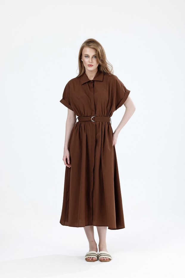 Bel Rubber Detail Belted Long Relaxed Cut Dress # El5599