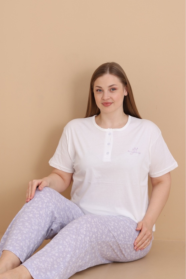 Mrn 4514 Floral Short Sleeve Cotton Combed Cotton Plus Size Women's Pajama Set