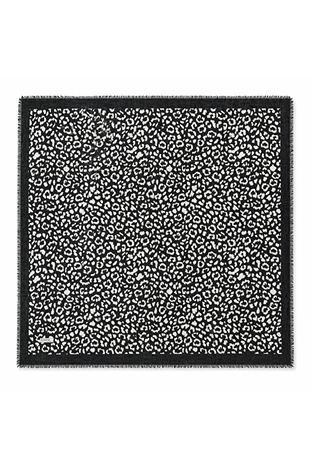 Women's Black and White Leopard Patterned Flared Coton India Cotton Cheesecloth Writing Hijab - Coton Scarf