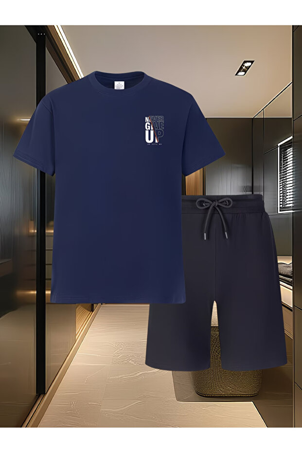 Never Shorts and Top Tracksuit Set Printed Oversize Crew Neck