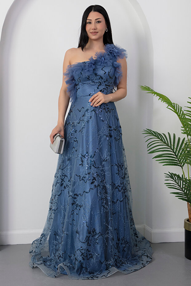Strapless Neckline One-Shoulder Sequin Tulle Dress 6111