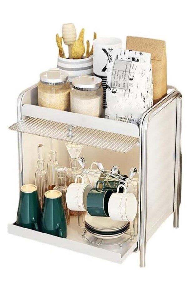 Multi-Functional Desktop Storage Cabinet with Transparent Door,Adjustable Partition,Dustproof Coffee Cup and Makeup Organizer