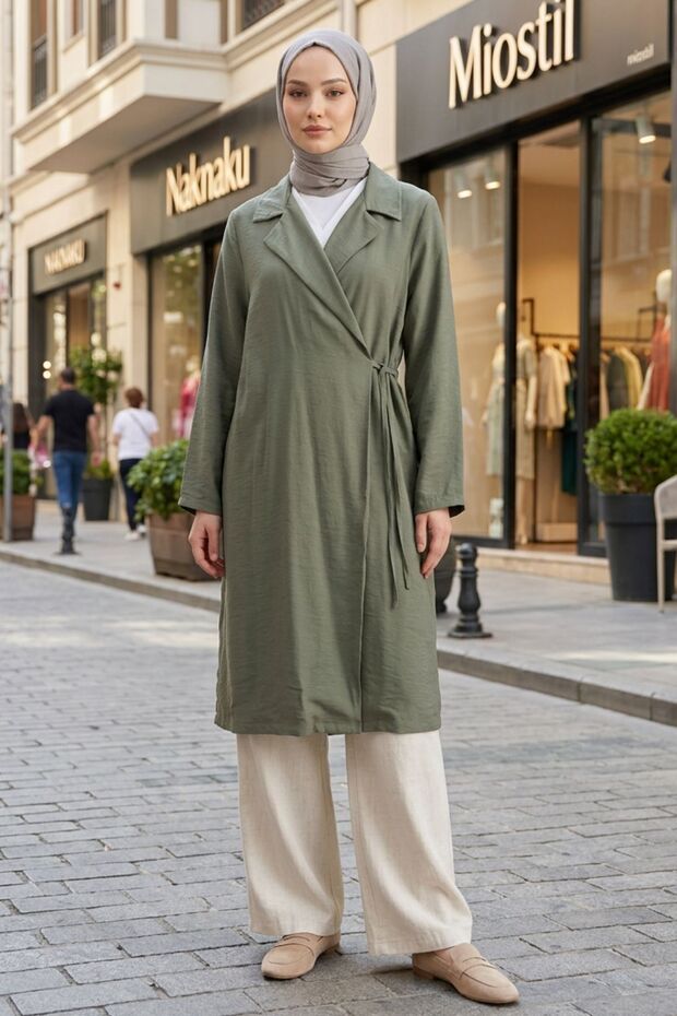 Women's Comfortable Fit Collar Detailed Side Tie Hijab Cap Jacket