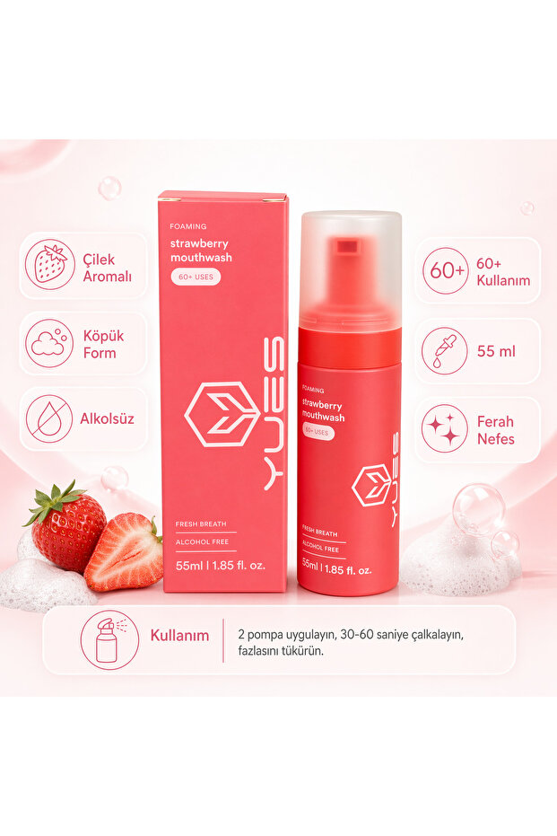 Foaming Strawberry Mountwash Köpük Çilek Aromalı Ağız Gargarası Alkolsüz Ferah Nefes 60+ Kullanım