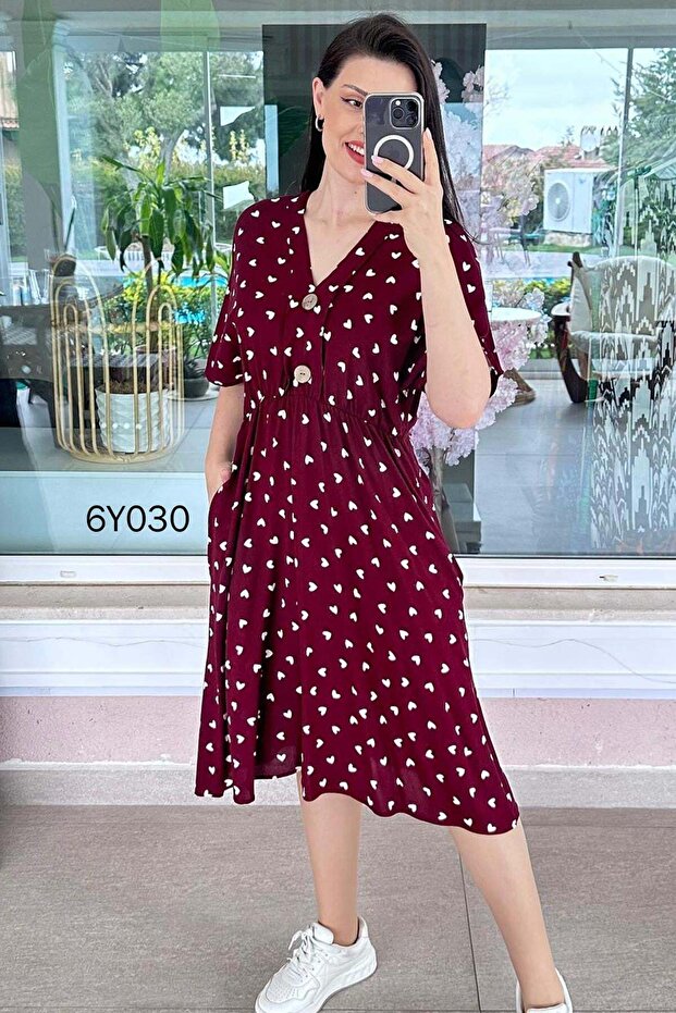 V-Neck Button Detail Viscose Dress 6Y030