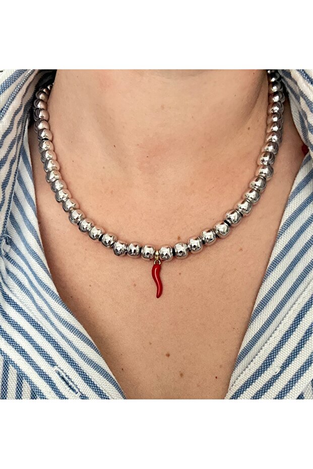 Red pepper charm silver bead necklace