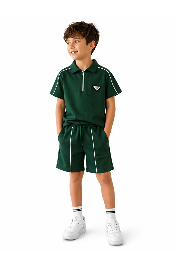 Boy's Zippered Polo Collar Green Suit-11729