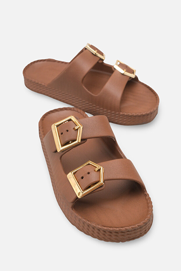 Eva Rosetti Brown Women's Buckle Double Strap Daily Comfortable Light Sole Slippers
