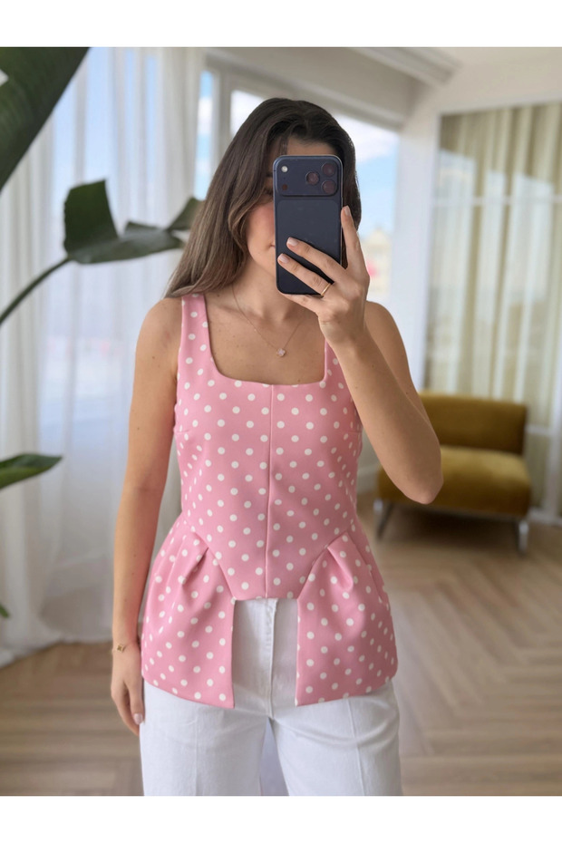 Pink Square Neck Polka Dot Blouse - 8433