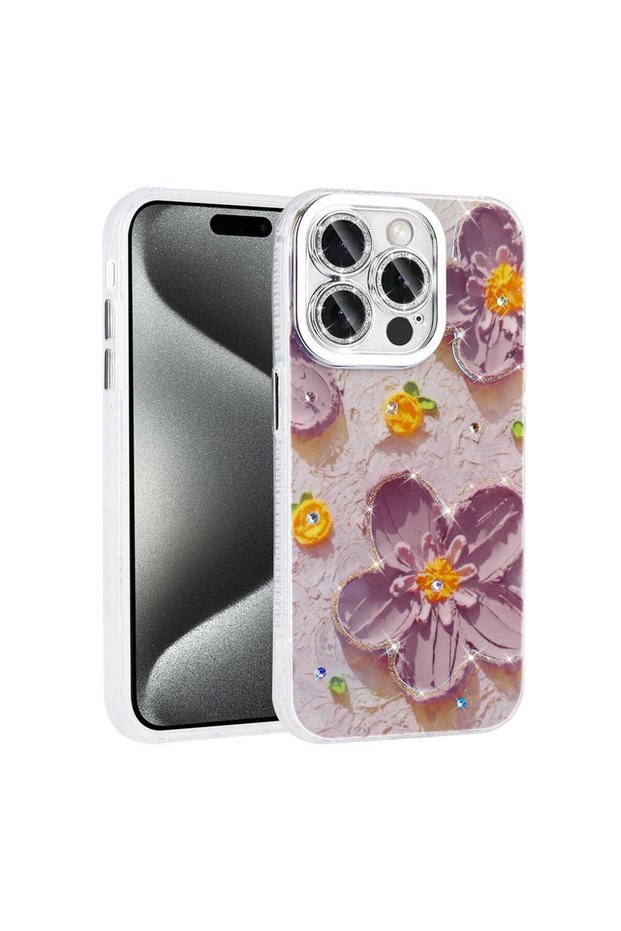 iPhone 15 Pro Case Floral Pattern Shiny Stone Hard Silicone Brsa Garden Cover - Purple