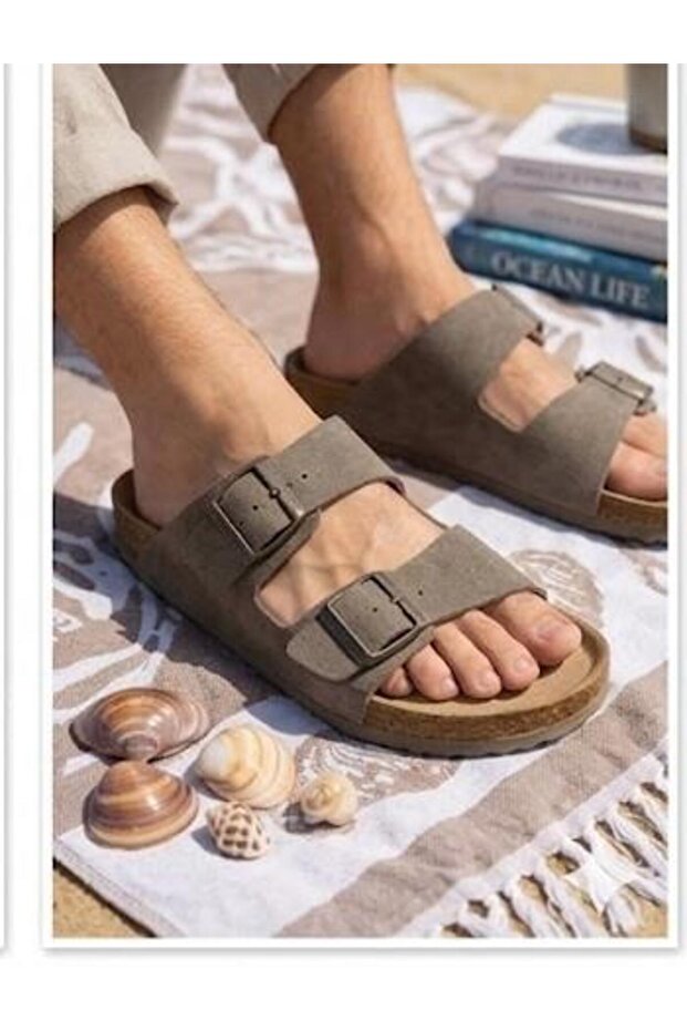 Men's Cork Sole Large Size (46-47-48-49) Double Buckle Anatomical Daily Summer Slippers Vison