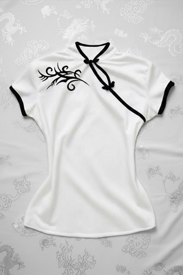 White Chinese Collar Floral Motif White Striped Vintage Y2K Short Sleeve Crop