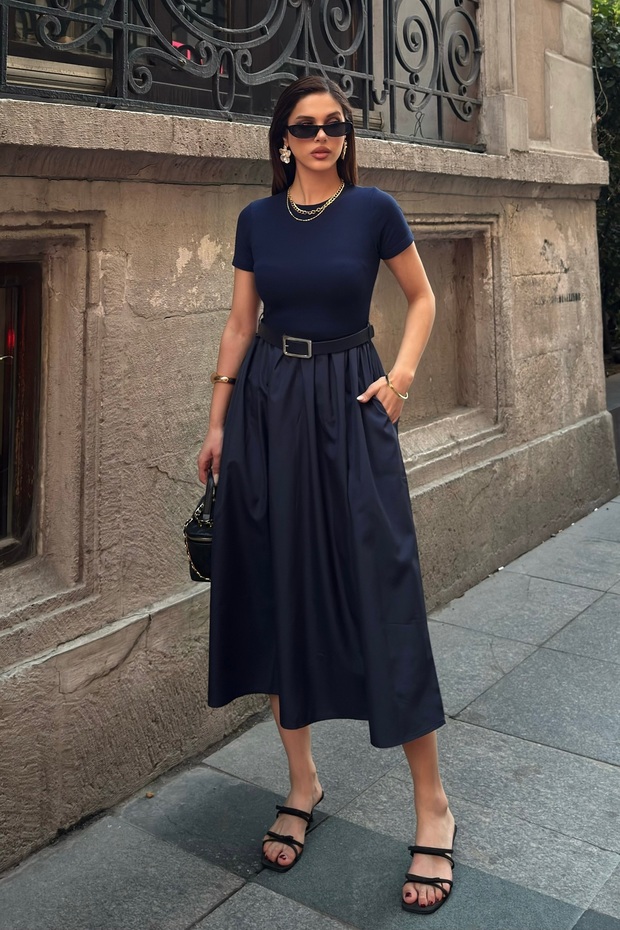 Women's Navy Blue Belted Poplin Skirt Dress