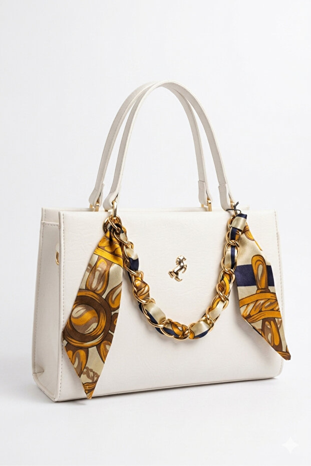 Medium Size Women's Handbag with Chain and Scarf Detail En 24 Boy 19 cm