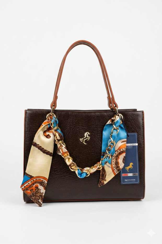 Brown Chain and Scarf Detailed Medium Size Women's Handbag En 24 Boy 19 cm