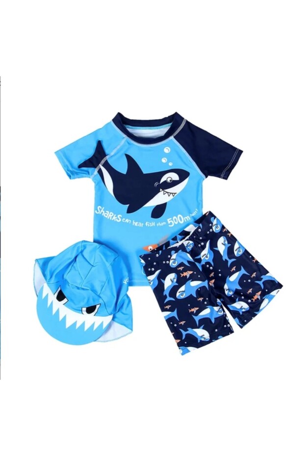 Up50+ Sun Protection Single Sleeve Navy Blue Shark Short Sleeve Boys' Swimsuit T-Shirt Hat Set