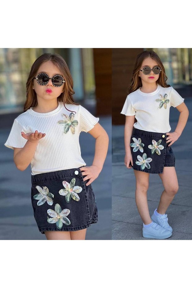 Festive Flowered Denim Shorts Skirt Girls' Set 3-10 Years