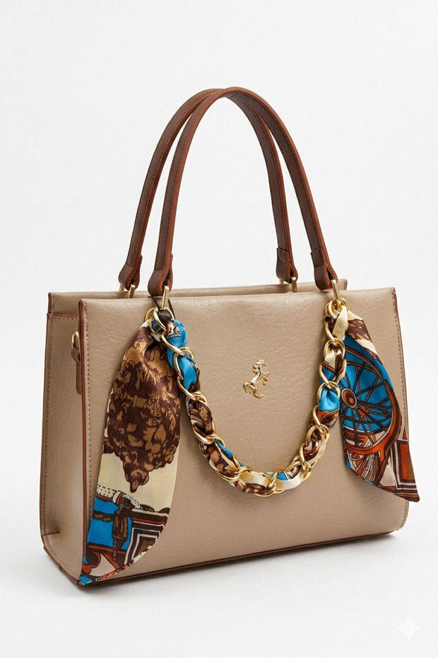 Medium Size Women's Handbag with Chain and Scarf Detail En 24 Boy 19 cm