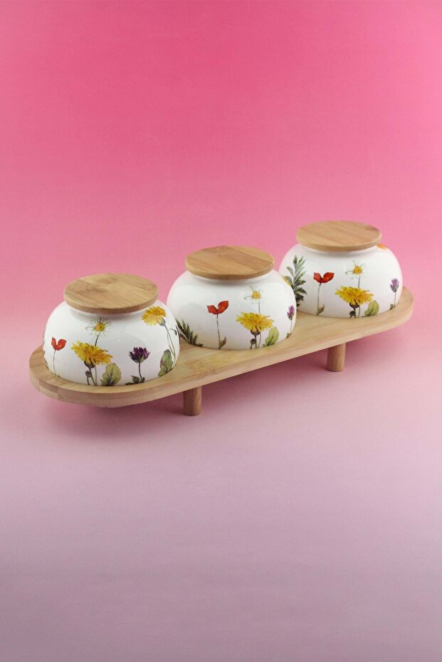Meadow 3-Piece Porcelain Spice Rack with Bamboo Stand