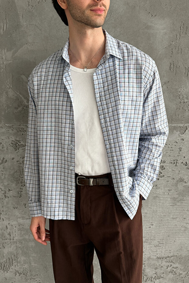 Men's Oversize 100% Cotton Flam Linen Checkered Shirt