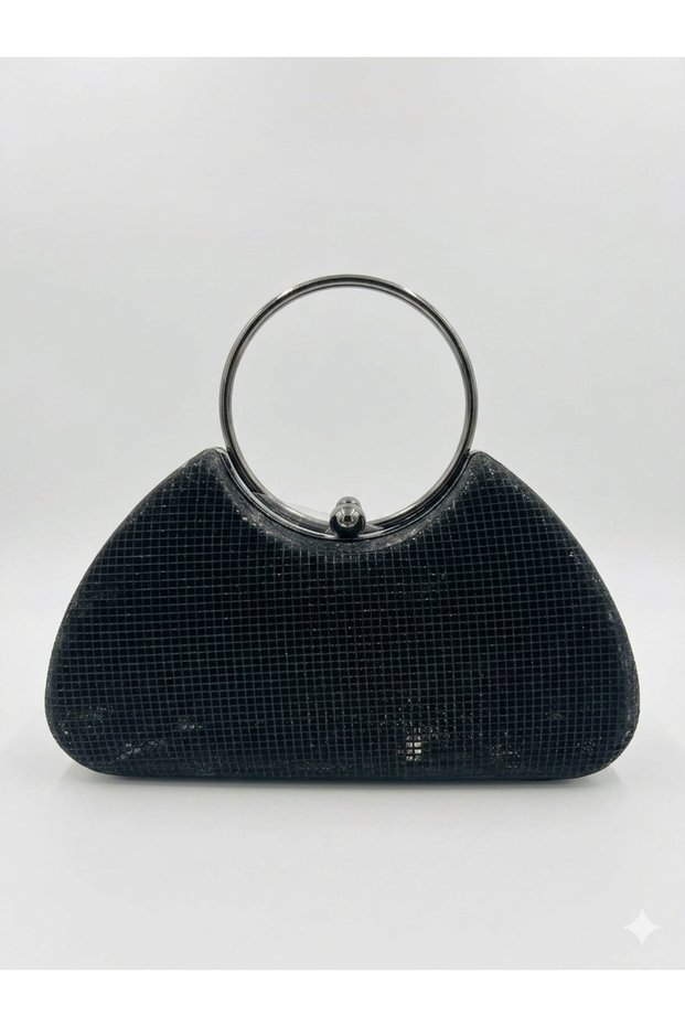 Very Stylish Evening Dress and Clup Bag with Gold Ring Detail, Honeycomb Shiny Leather and Long Chain Strap