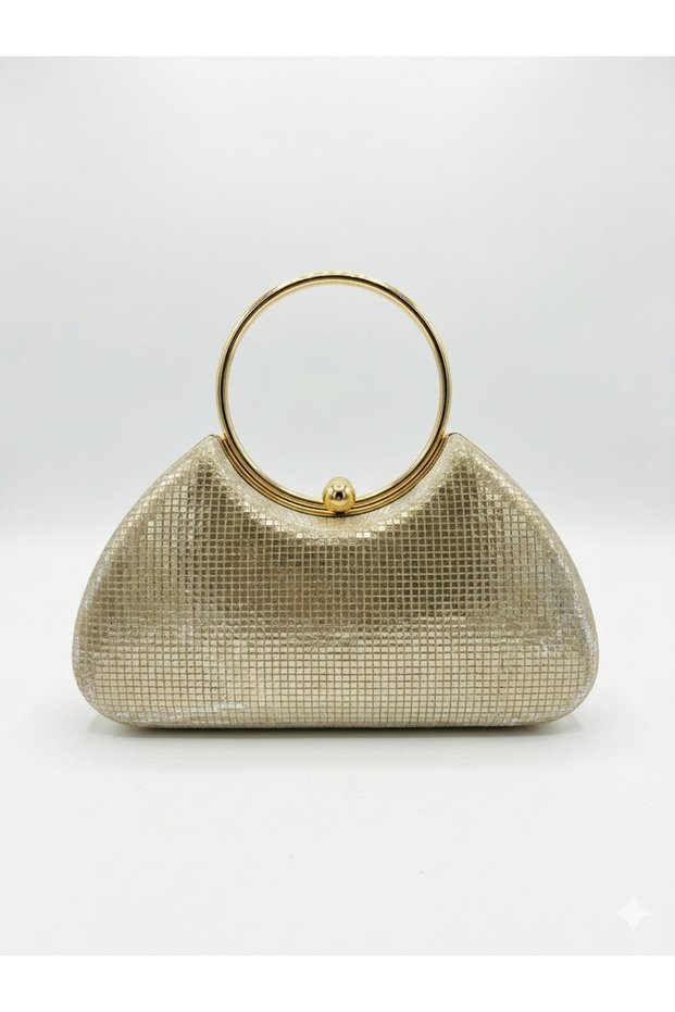 Very Stylish Evening Dress and Clup Bag with Gold Ring Detail, Honeycomb Shiny Leather and Long Chain Strap