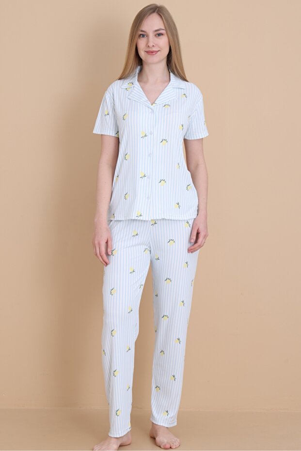 Mrn 9515 Striped Pegasus Cotton Fabric Buttoned Short Sleeve Women's Pajama Set