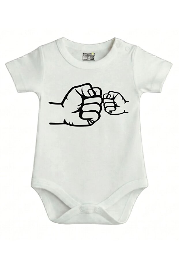 Father-Son Themed Fist Printed Baby Bodysuit, White, Short Sleeve