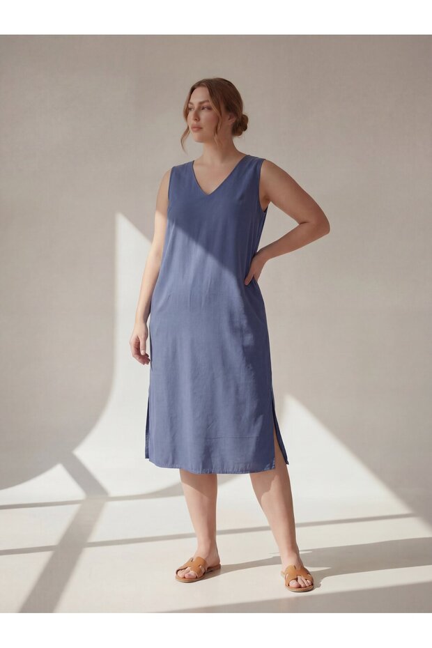 Sleeveless V-Neck Plus Size Casual Dress Indigo