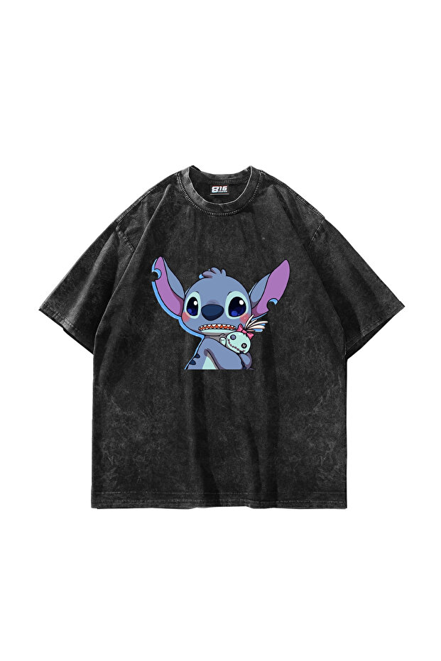 Stitch Baby Printed Oversize Unisex Washable Black Tshirt
