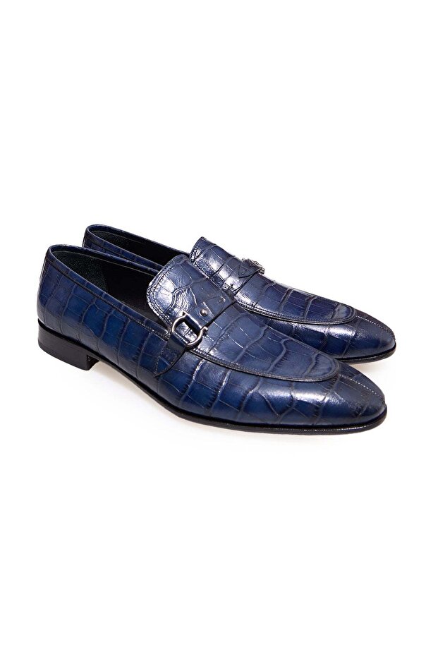 Dark Blue Color Laceless Genuine Leather Leather Sole Men's Shoes