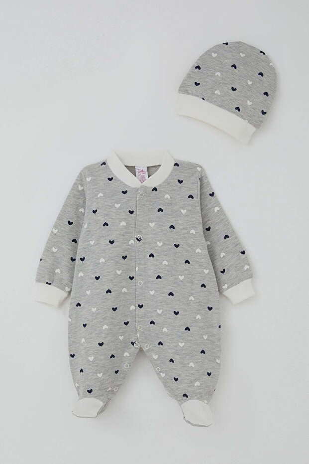 Baby Girl Booties Jumpsuit with Heart Pattern 0-6 Months, Light Gray Melange