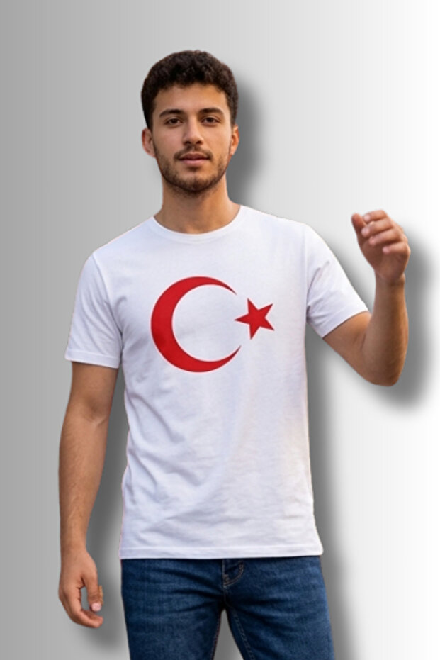 تيشيرت مطبوع عليه العلم التركي بتصميم خاص - 100% قطن ممشط من النوع الفاخر برقبة دائرية للجنسين