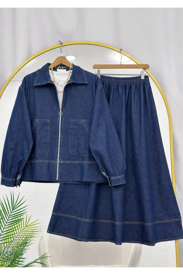 Women's Collared Double Pocket Denim Skirt Set -0750