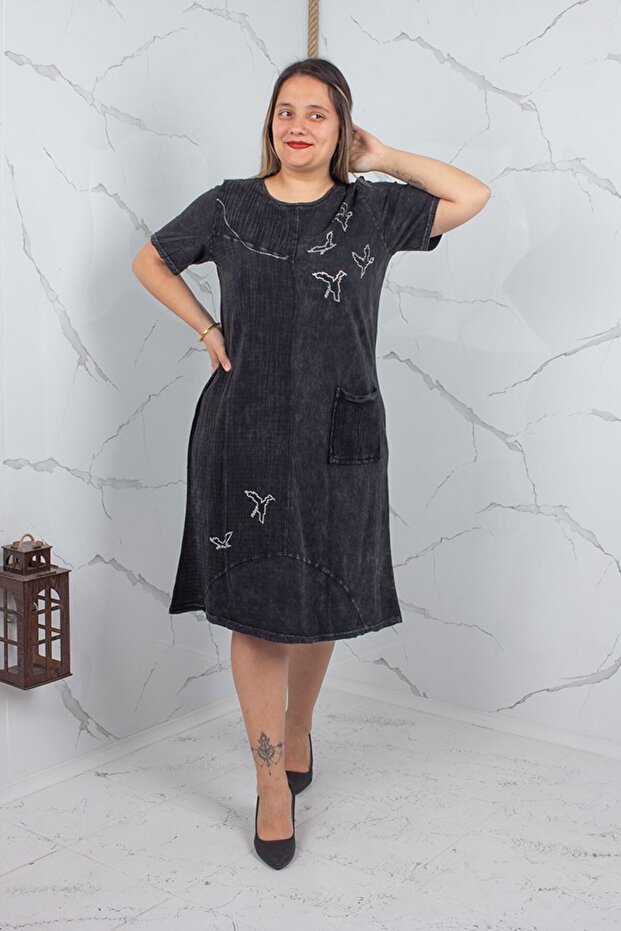 Plus Size Stone Printed Washed Cotton Dress Black