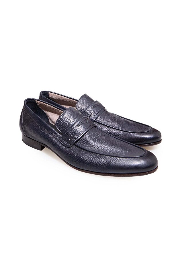 Dark Blue Color Laceless Genuine Leather Leather Sole Men's Shoes
