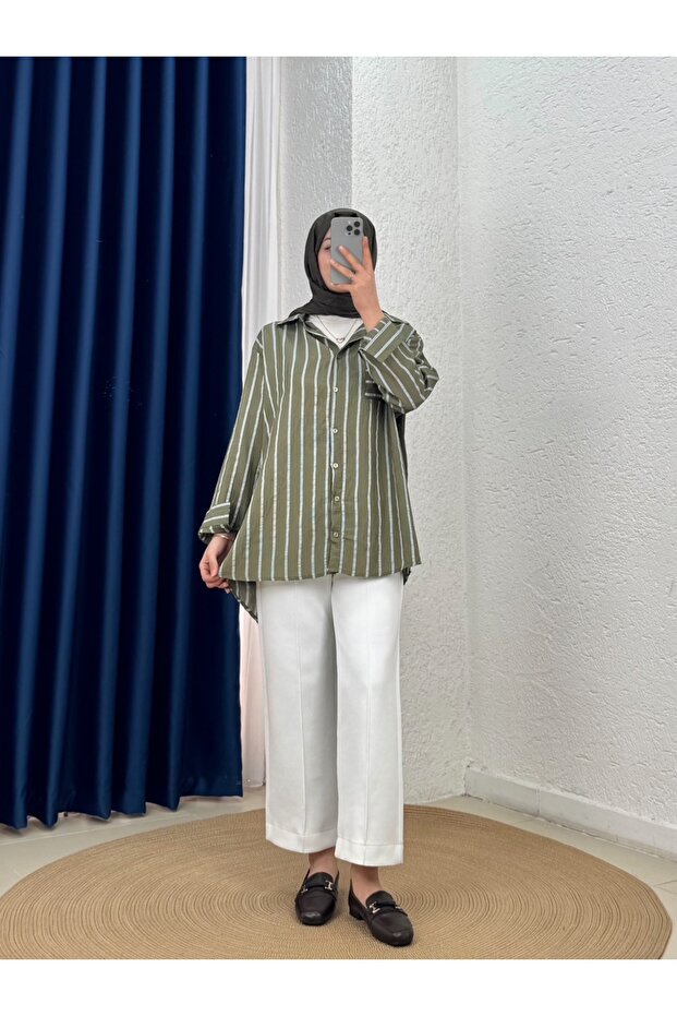 Yankı Hella Striped Single Pocket Shirt-Na878 Khaki