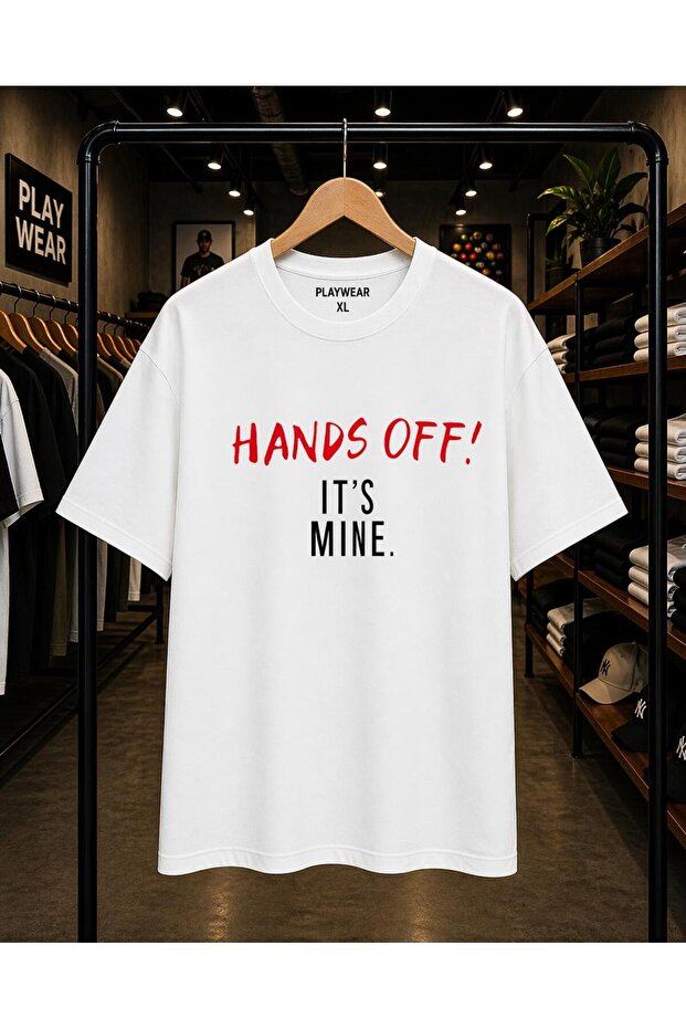 Hands Off Its Mine Chest Printed 100% Cotton Oversize Loose Regular Fit Crew Neck T-Shirt
