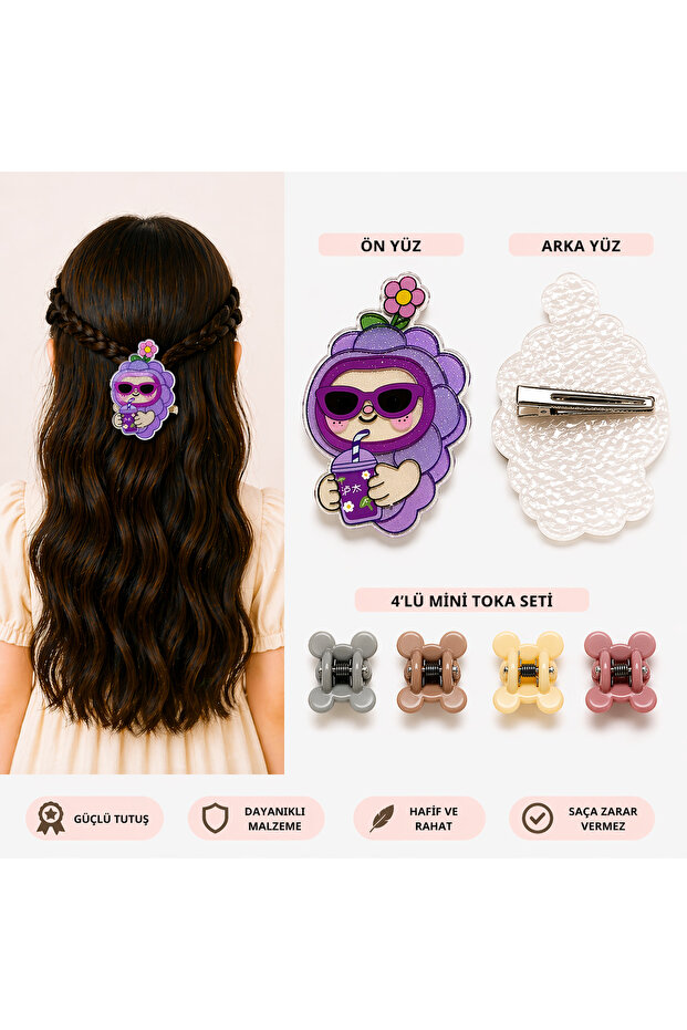 Large Hair Clip with Cute Figures + Set of 4 Mini Hairpins
