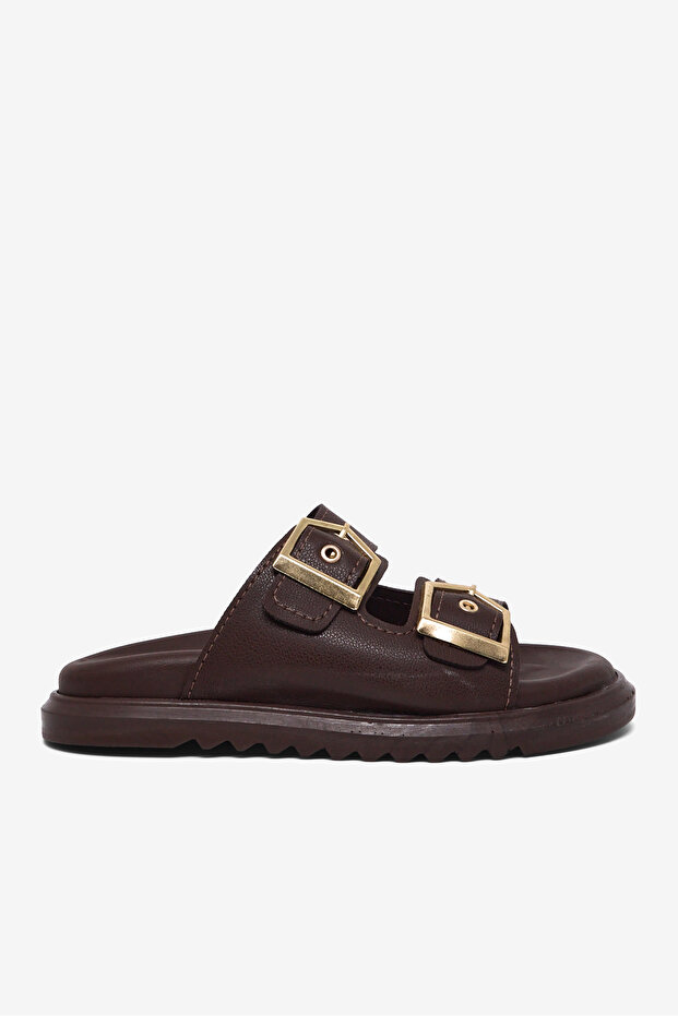 Women's Brown Comfortable Double-Strapped Buckle Detailed Slippers